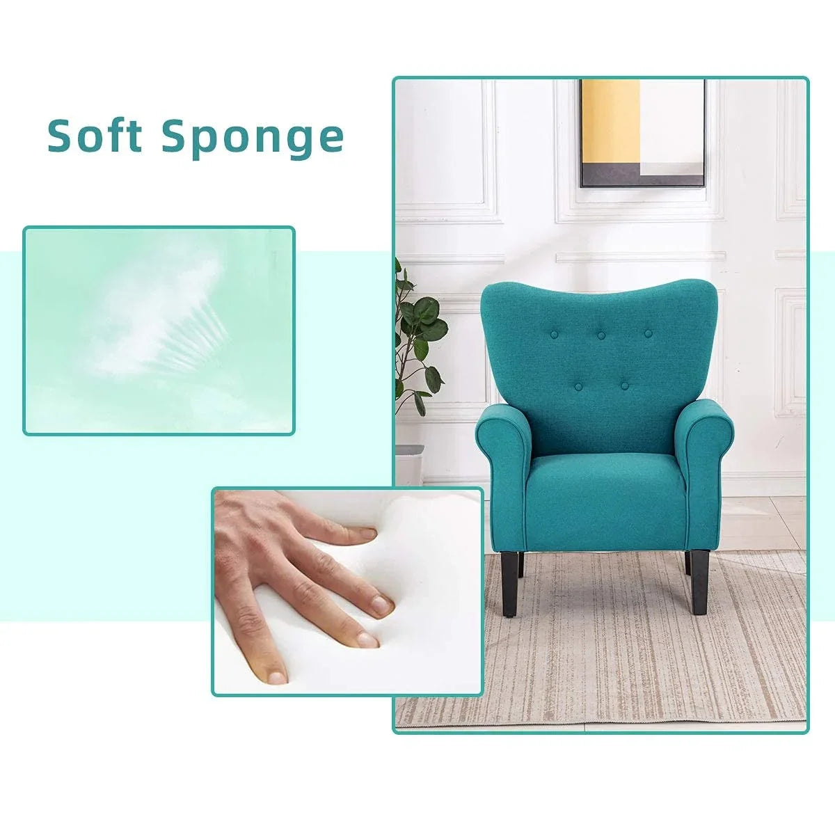 Fauteuil d'appoint moderne Erommy, fauteuil à dossier haut, canapé simple en tissu rembourré avec boutons et pieds en bois pour salon