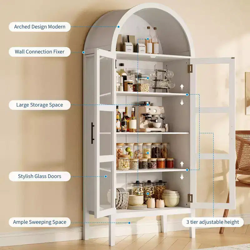 Meuble de rangement, Noir/Blanc, Style Arqué, Simple, 71 po de hauteur avec lumières DEL et portes vitrées