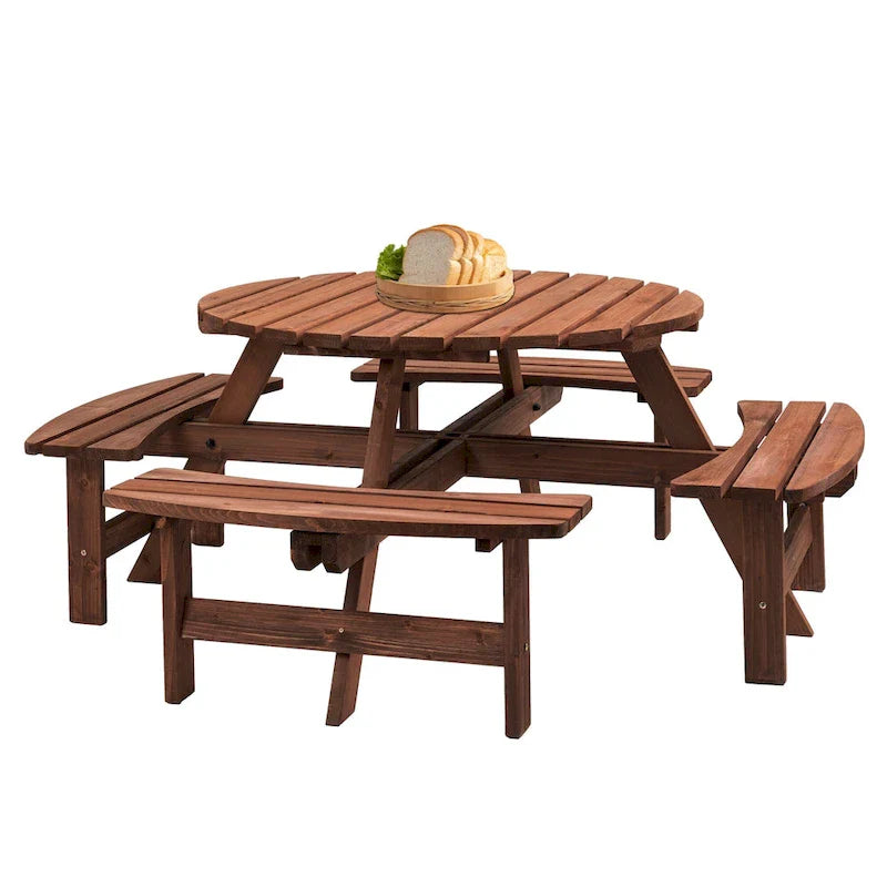 Ensemble de salle à manger rond en bois de sapin pour patio extérieur 8 personnes avec 4 bancs intégrés et trou pour parasol