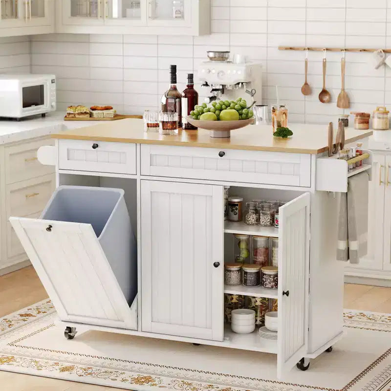 Table îlot mobile 55 avec prise de courant et abattant, chariot de cuisine roulant avec poubelle intégrée pour cuisine