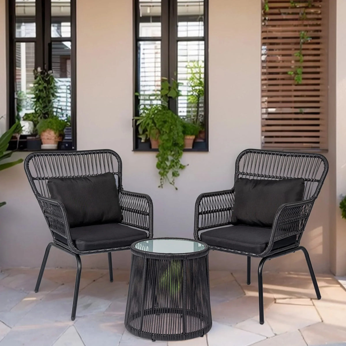 Ensemble bistrot 3 pièces en osier pour conversation, salon de jardin en rotin résistant aux intempéries avec coussins