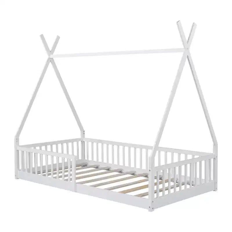 Lit de sol pour enfants, lits cabane doubles, lit de sol Montessori avec lattes et barrières de protection, cadre de lit cabane en bois pour garçons et filles