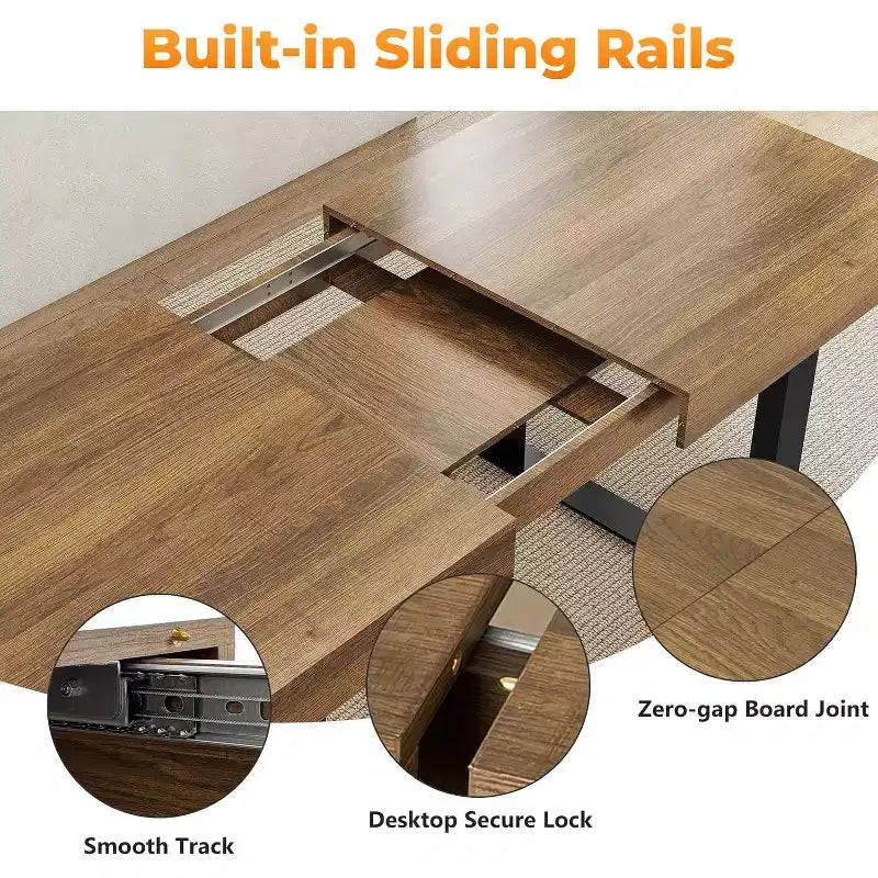 Zevemomo 63-78.7 Table de salle à manger extensible, Table de cuisine rectangulaire pour 6-10 personnes avec rail métallique, Pieds coniques en U pour salle à manger, bureau - Marron