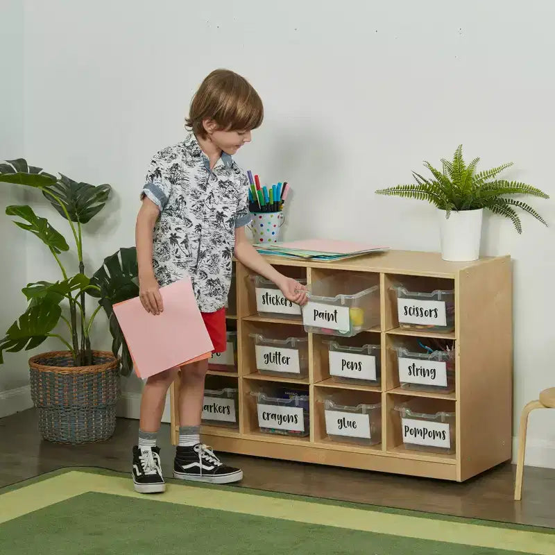 Meuble de rangement à roulettes Cubby avec 15 bacs à ouverture frontale, 3x4, Meuble pour enfants