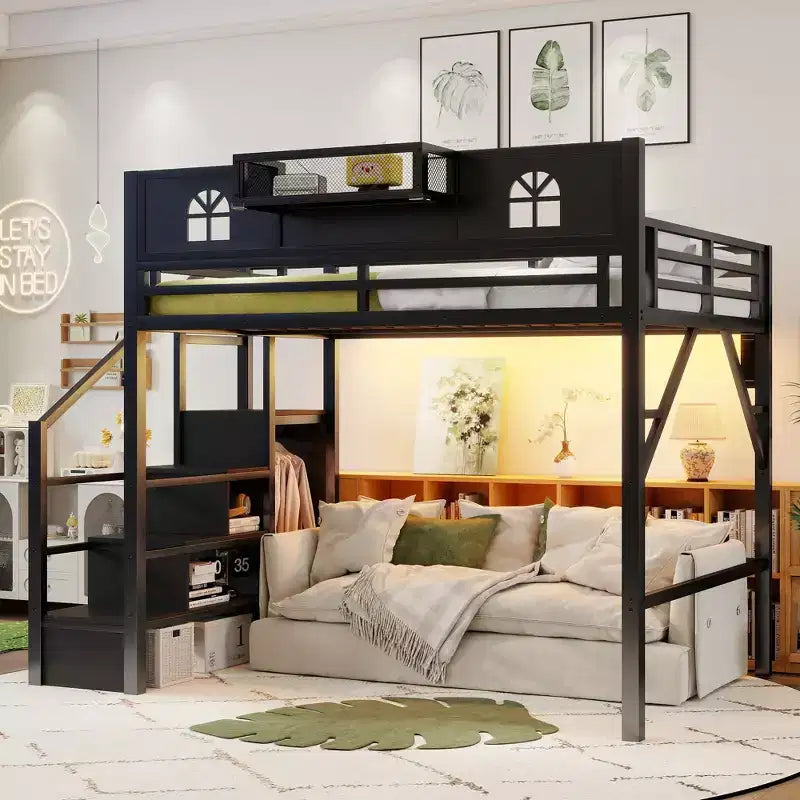 Lit mezzanine ModernLuxe double/grand format avec escalier et armoire intégrée, cadre de lit en métal avec lumières LED, station de charge USB et étagères de rangement