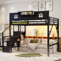 Lit mezzanine ModernLuxe double/grand format avec escalier et armoire intégrée, cadre de lit en métal avec lumières LED, station de charge USB et étagères de rangement