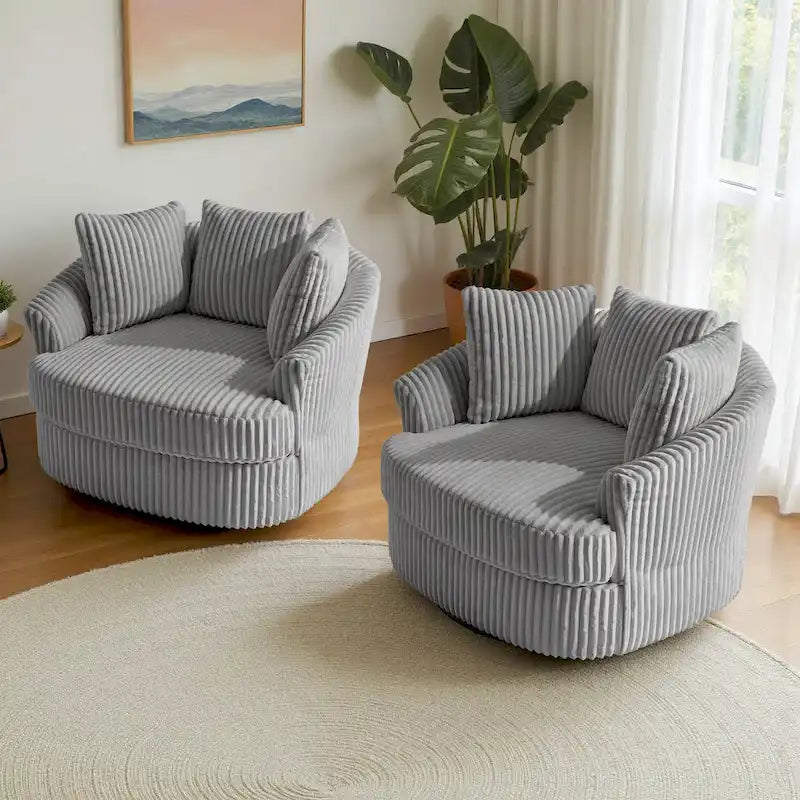 Lot de 2 fauteuils pivotants ronds surdimensionnés en velours côtelé moelleux de 43 po de large avec oreillers