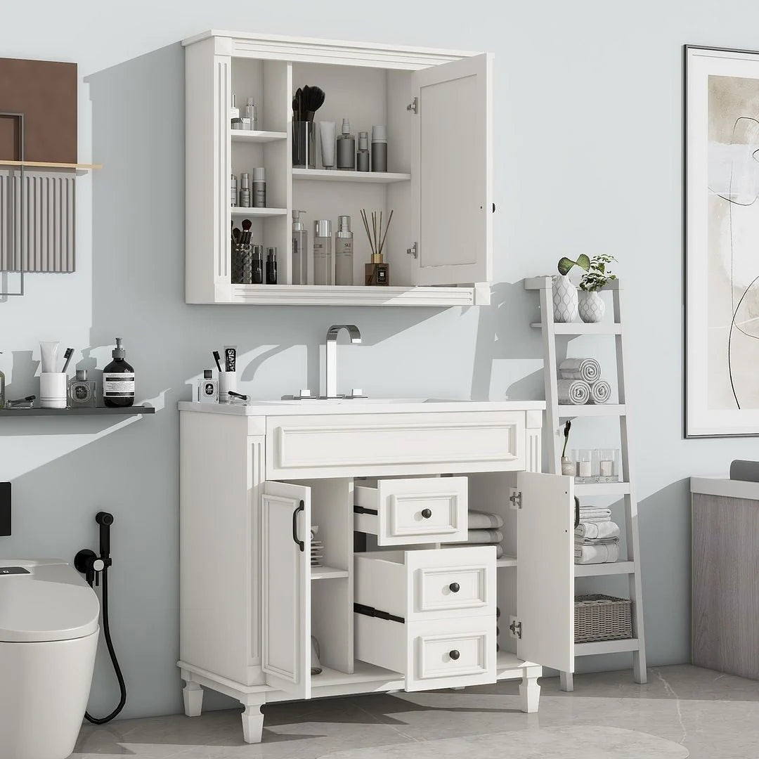 Meuble-lavabo de salle de bain moderne de 91 cm avec lavabo et armoire de toilette, 2 portes et 2 tiroirs