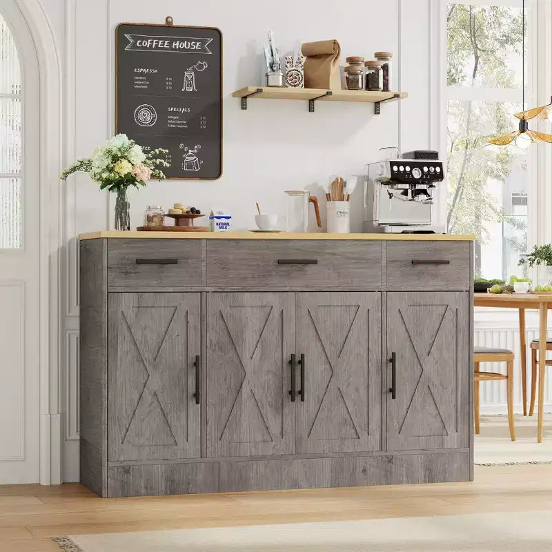 Buffet de cuisine Celebalcony avec rangement, grand buffet de cuisine de 135,6 cm avec 3 tiroirs et 4 portes, étagère réglable pour cuisine, salon