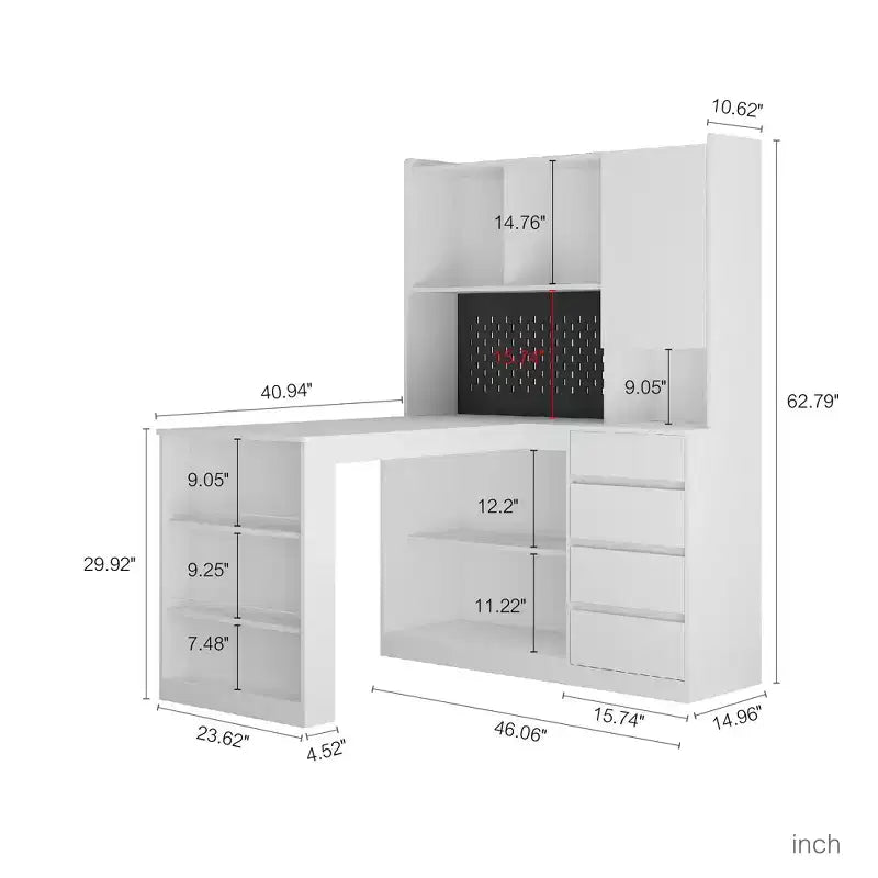 Bureau d'angle en L de 46 pouces avec bibliothèque et tiroirs