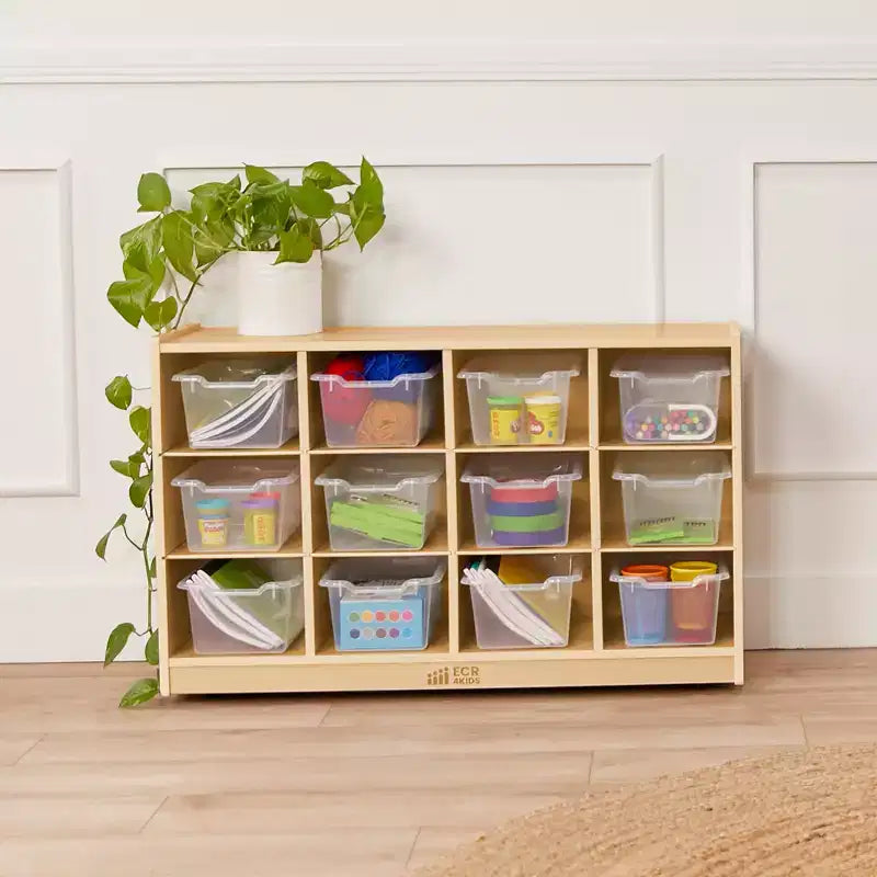 Meuble de rangement à roulettes Cubby avec 15 bacs à ouverture frontale, 3x4, Meuble pour enfants