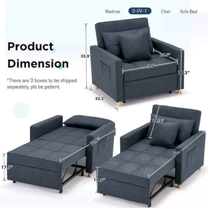 Fauteuil convertible 3-en-1, plusieurs coloris, une place