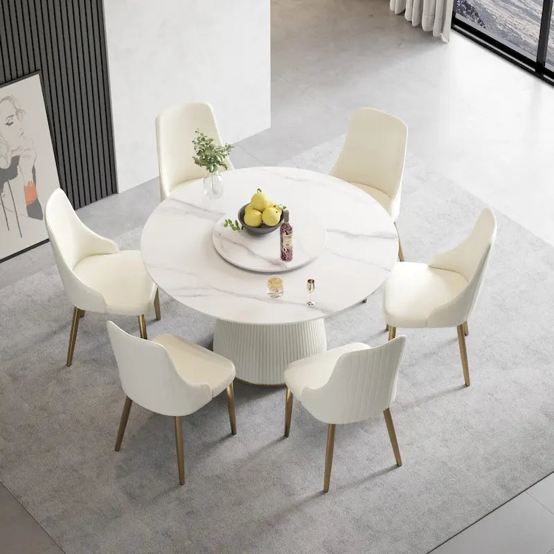 Table à manger ronde de 53 po pour 6 personnes avec plateau en pierre sintérisée et plateau tournant
