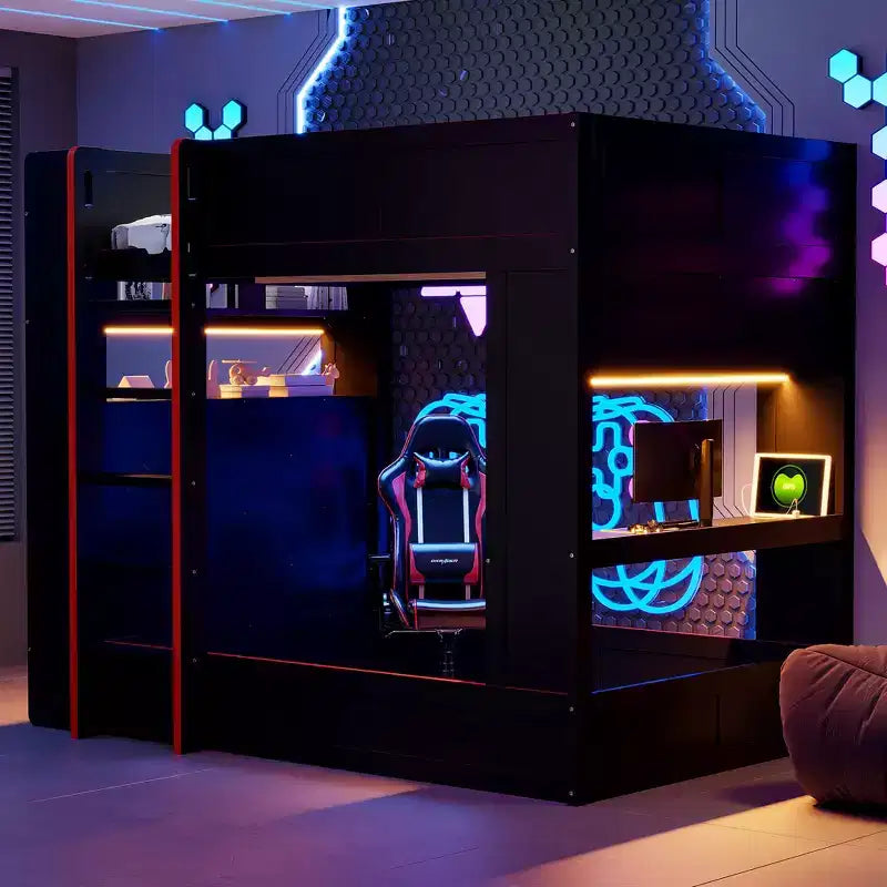Lit superposé de jeu en bois pleine grandeur avec bureau intégré, étagères de rangement, lumières LED 7 couleurs et station de charge, noir - ModernLuxe