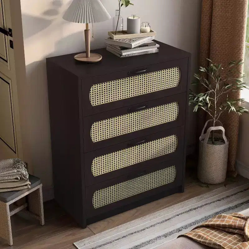 Commode transitoire à 4 tiroirs en similicuir tressé, expresso