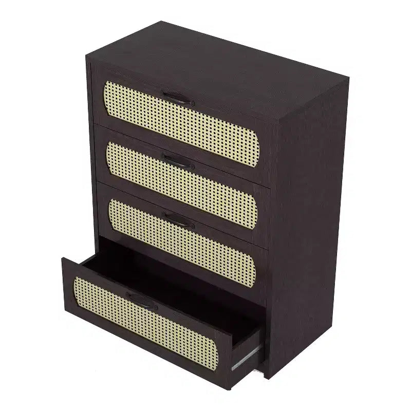 Commode transitoire à 4 tiroirs en similicuir tressé, expresso