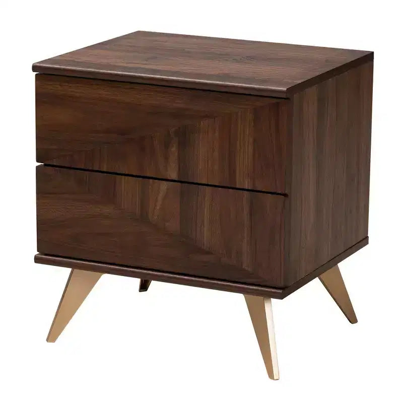 Graceland 2 Drawer Wooden Nightstand Walnut Brown/Gold - Baxton Studio