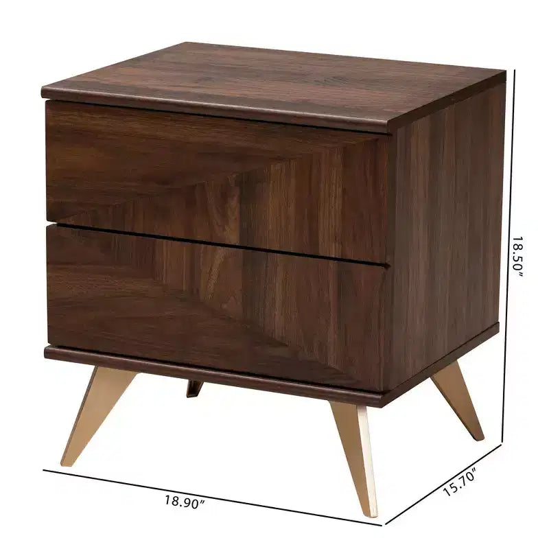 Table de chevet 2 tiroirs style Mid-Century, Noyer/Doré, Grain de bois géométrique