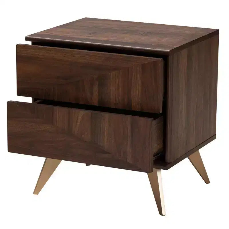 Table de chevet 2 tiroirs style Mid-Century, Noyer/Doré, Grain de bois géométrique