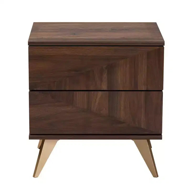 Table de chevet 2 tiroirs style Mid-Century, Noyer/Doré, Grain de bois géométrique