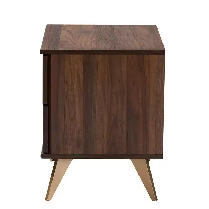 Table de chevet 2 tiroirs style Mid-Century, Noyer/Doré, Grain de bois géométrique