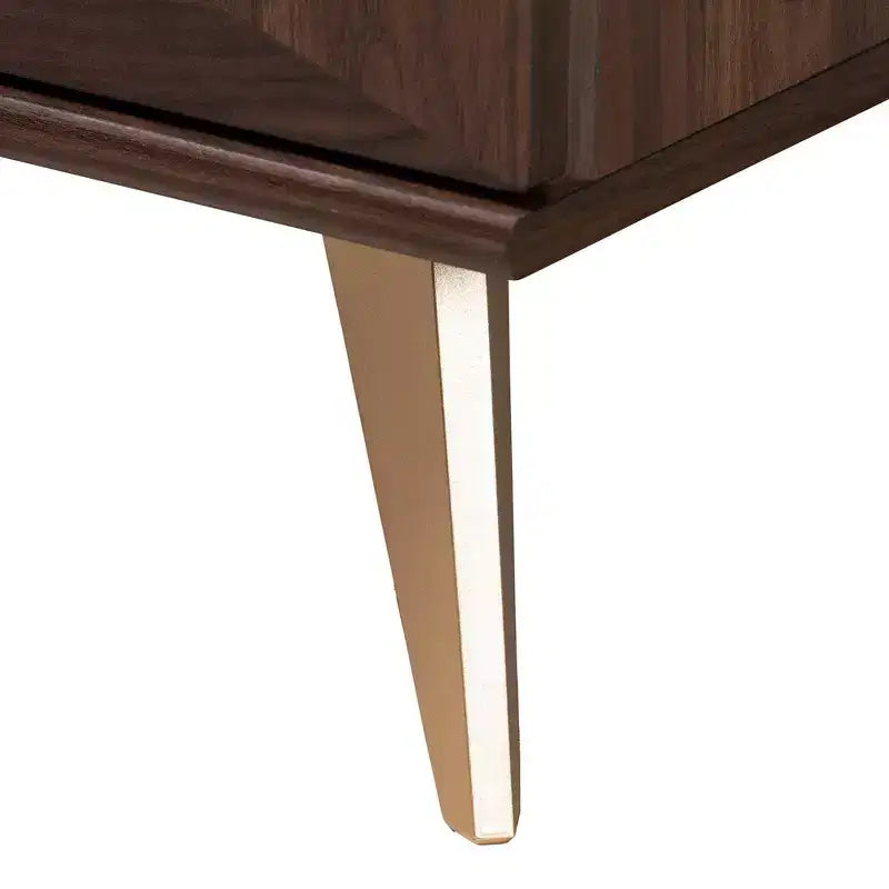Table de chevet 2 tiroirs style Mid-Century, Noyer/Doré, Grain de bois géométrique