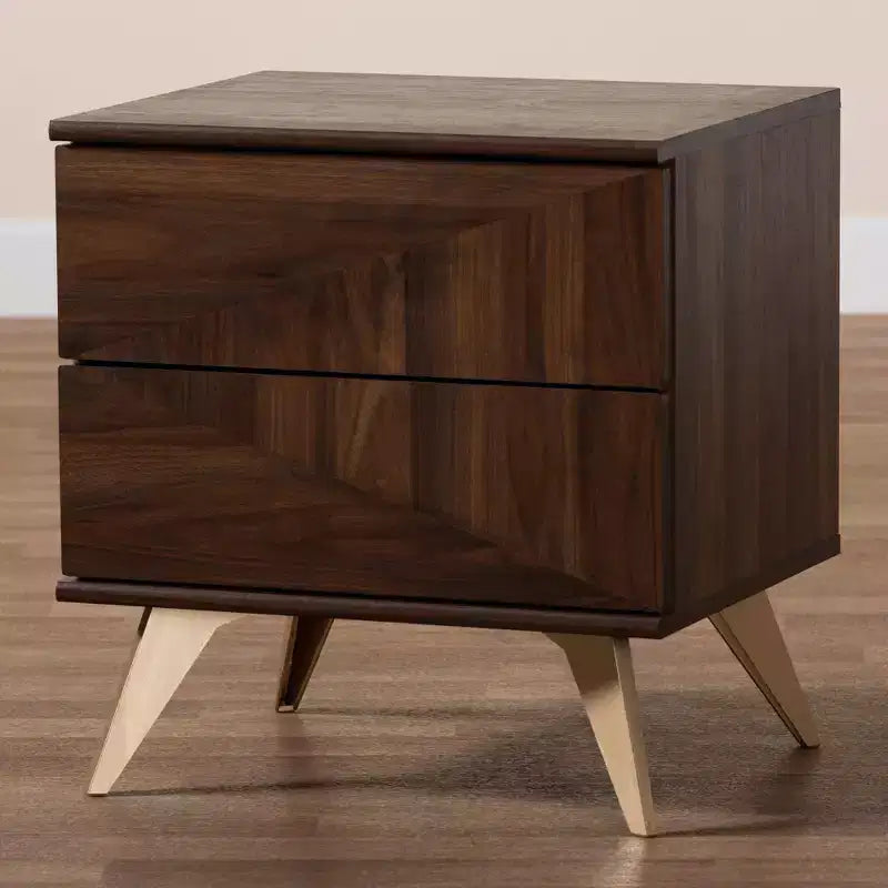Table de chevet 2 tiroirs style Mid-Century, Noyer/Doré, Grain de bois géométrique