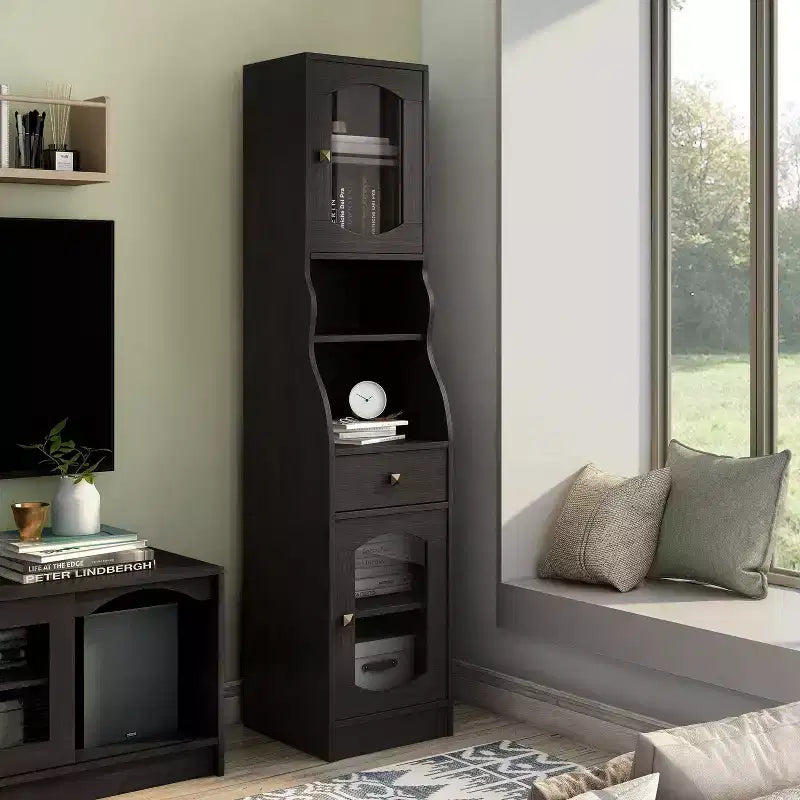 Meuble colonne avec tiroir, 70,8 po, Espresso – Meuble de rangement de style transitionnel avec tablettes ajustables