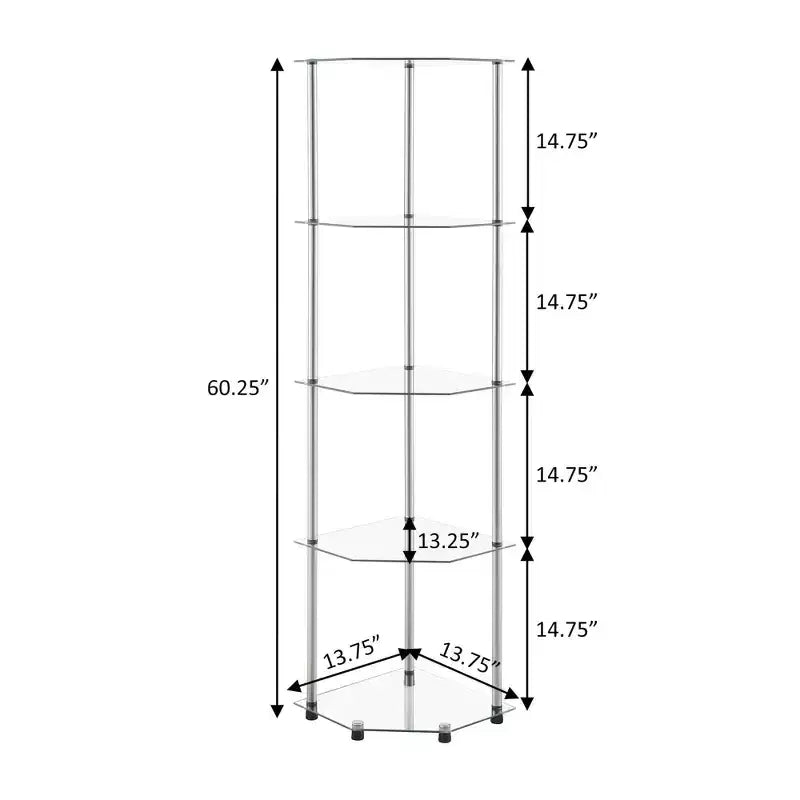 Étagère d'angle classique à 5 niveaux de 60,25 po en verre/chrome