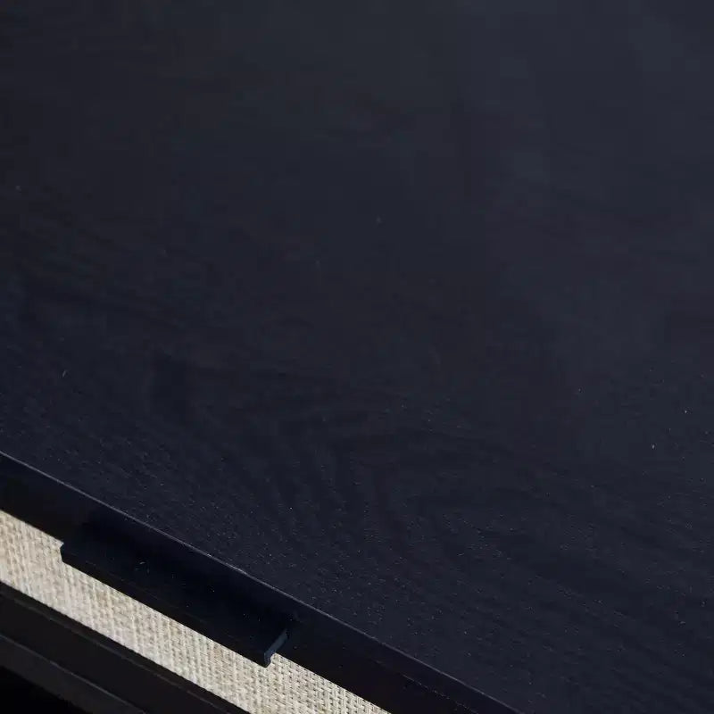Console 2 niveaux avec tiroir et étagère inférieure, Noir, Détail en rotin