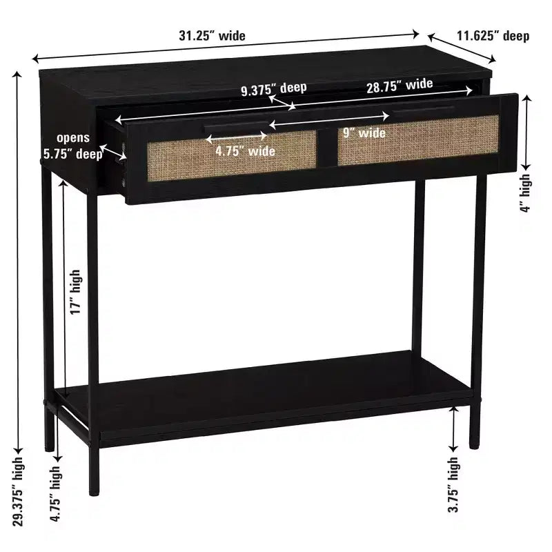 Console 2 niveaux avec tiroir et étagère inférieure, Noir, Détail en rotin
