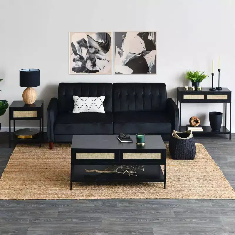 Console 2 niveaux avec tiroir et étagère inférieure, Noir, Détail en rotin