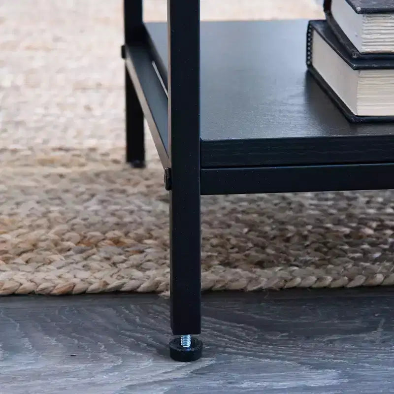 Console 2 niveaux avec tiroir et étagère inférieure, Noir, Détail en rotin