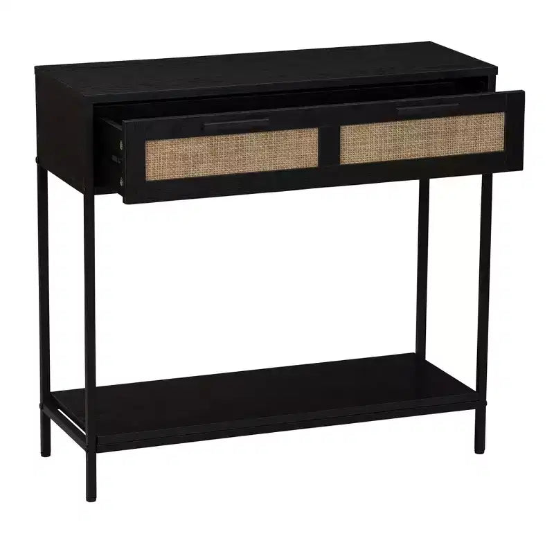 Console 2 niveaux avec tiroir et étagère inférieure, Noir, Détail en rotin