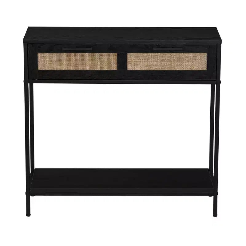 Console 2 niveaux avec tiroir et étagère inférieure, Noir, Détail en rotin