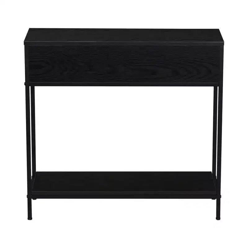 Console 2 niveaux avec tiroir et étagère inférieure, Noir, Détail en rotin