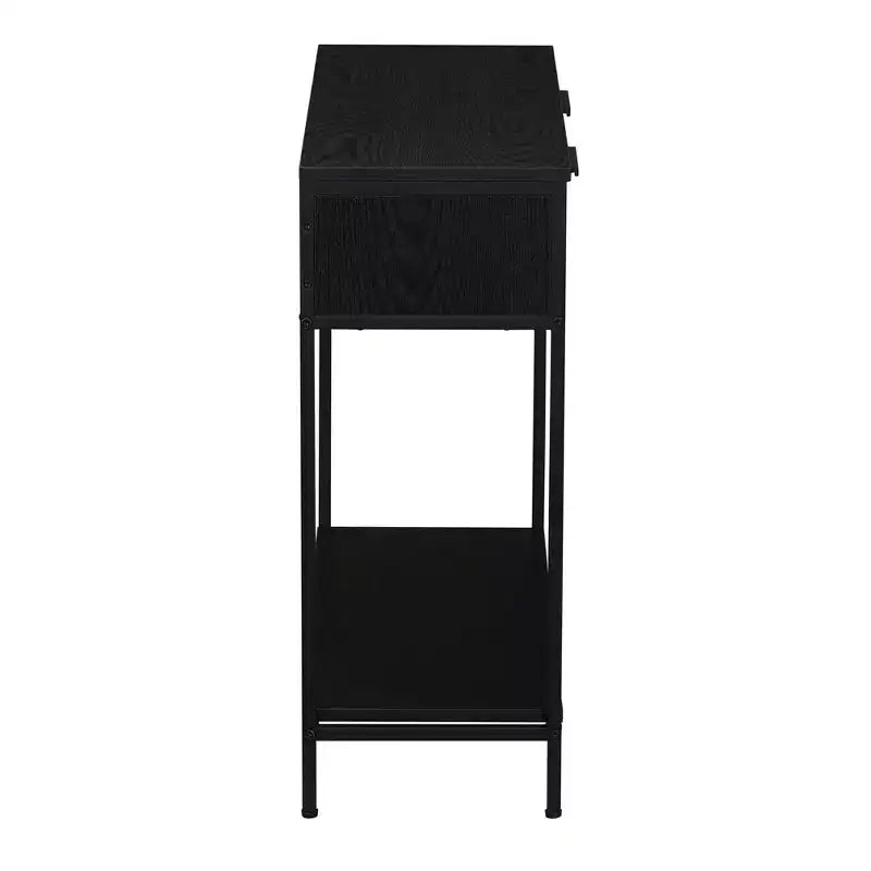 Console 2 niveaux avec tiroir et étagère inférieure, Noir, Détail en rotin