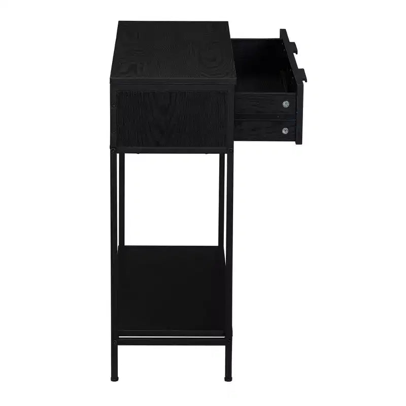 Console 2 niveaux avec tiroir et étagère inférieure, Noir, Détail en rotin
