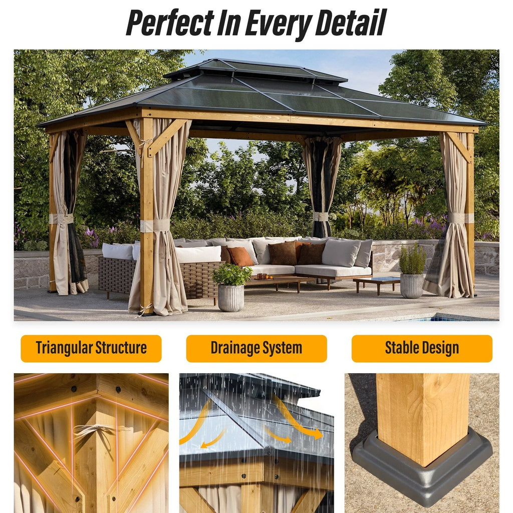 Tonnelle EROMMY à toit rigide, pergola extérieure avec double toit, moustiquaire et rideaux, auvent robuste pour patio, jardin, fête au bord de la piscine