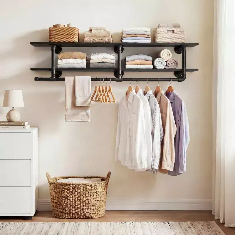 Étagère à vêtements 2 niveaux Besiost avec tringle à suspendre, étagères à vêtements avec étagère supérieure