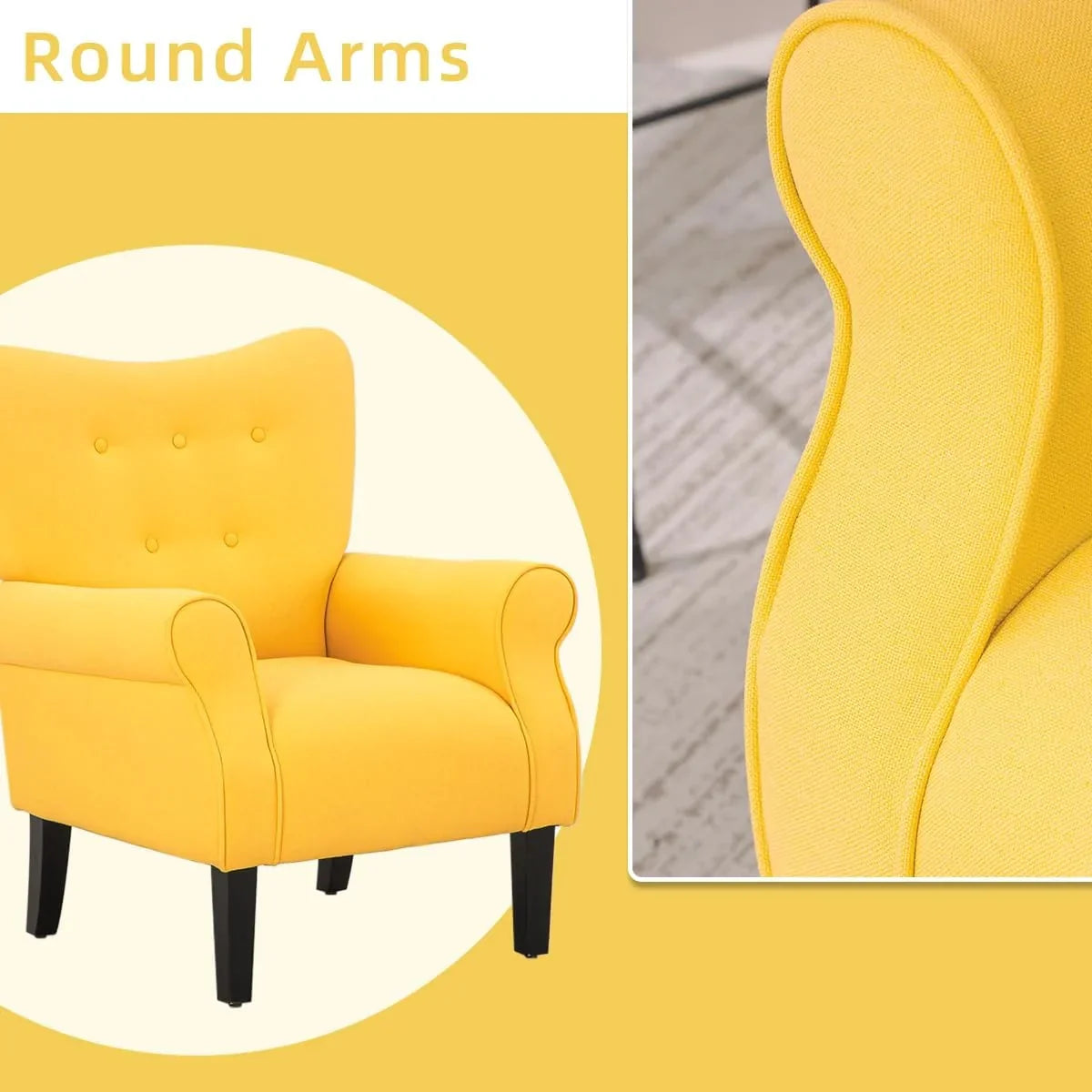 Fauteuil d'appoint moderne Erommy, fauteuil à dossier haut, canapé simple en tissu rembourré avec boutons et pieds en bois pour salon
