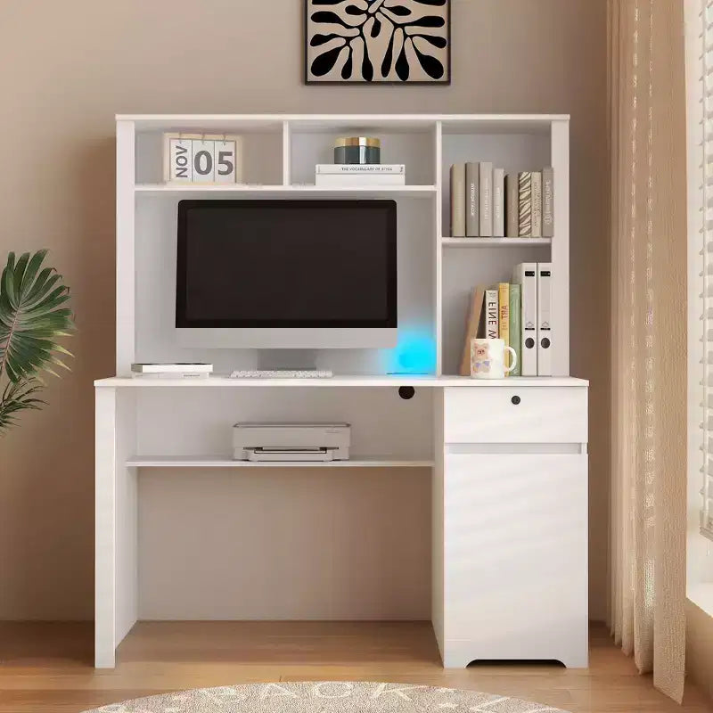 Bureau informatique moderne de 130 cm avec huche et étagère, bureau avec grand rangement, bureau d'écriture pour l'étude, salle de lecture