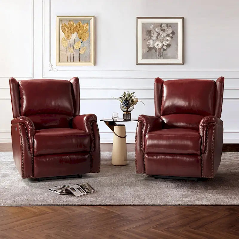 Fauteuil inclinable électrique en cuir véritable avec port USB – Dossier à oreilles clouté, ensemble de 2