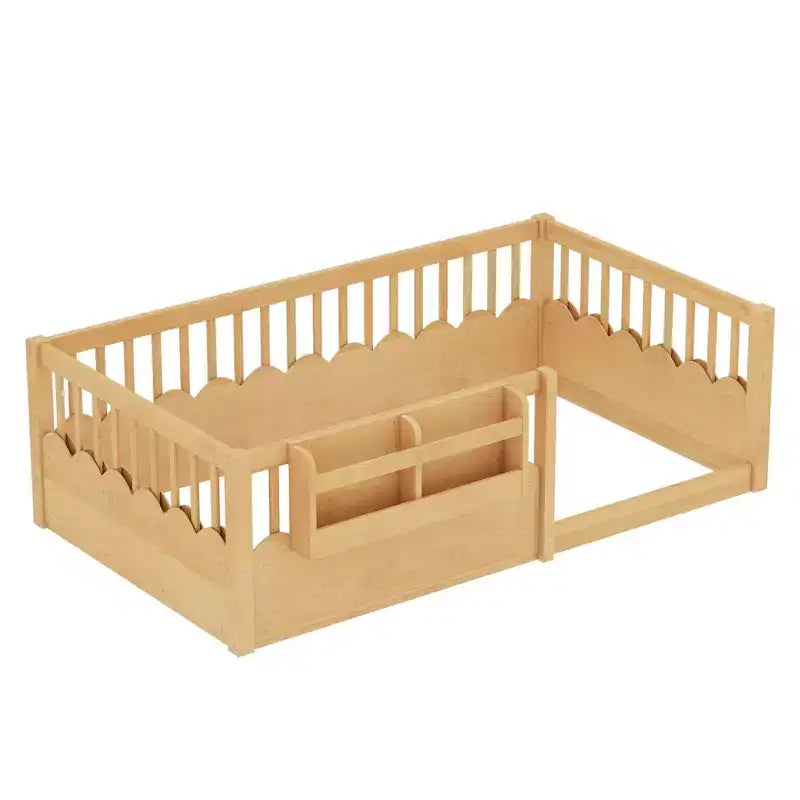 Lit d'enfant Bellemave avec clôture rehaussée et étagère, cadre de lit Montessori double en bois pour filles et garçons