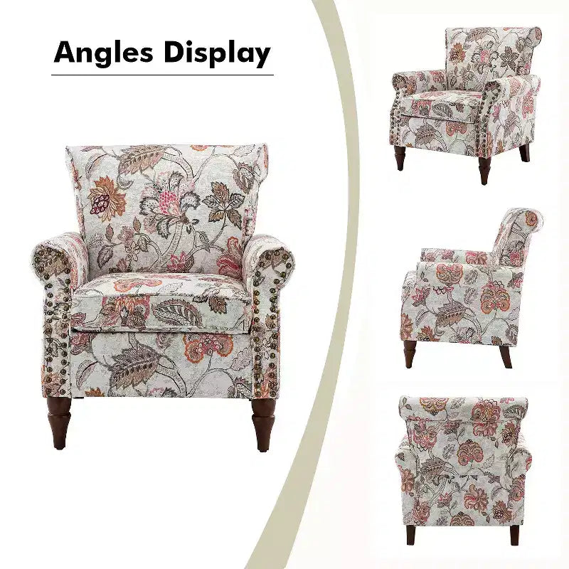 Fauteuil en bois traditionnel Araceli, rembourré à motifs floraux, avec dossier à oreilles et garniture cloutée | ART OF LIVING DESIGNS