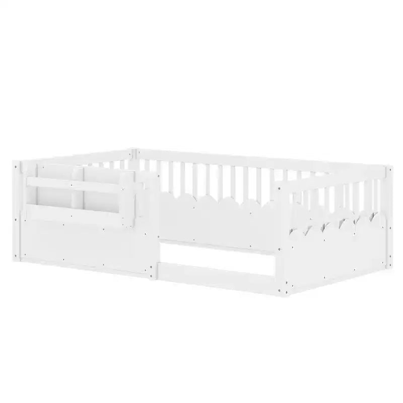 Lit d'enfant Bellemave avec clôture rehaussée et étagère, cadre de lit Montessori double en bois pour filles et garçons
