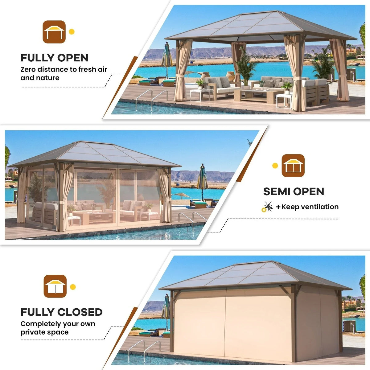 Tonnelle EROMMY à toit rigide, pergola extérieure avec double toit, moustiquaire et rideaux, auvent robuste pour patio, jardin, fête au bord de la piscine