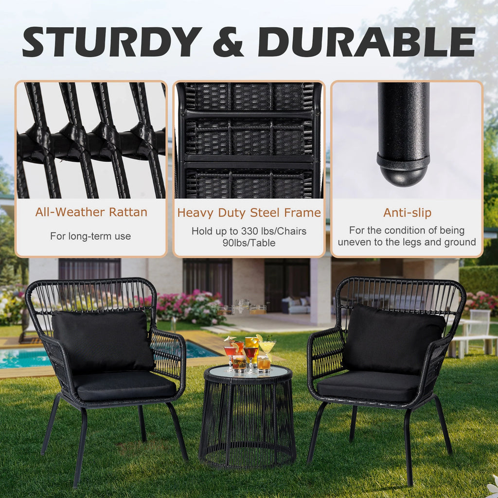 Ensemble bistrot 3 pièces en osier pour conversation, salon de jardin en rotin résistant aux intempéries avec coussins