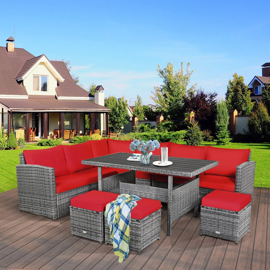 Ensemble de salle à manger Costway 7 pièces en rotin pour terrasse, canapé sectionnel et pouf - Voir détails