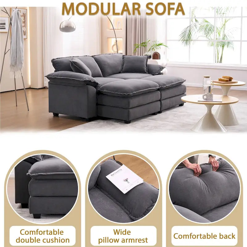 Canapé 2 places avec 2 coussins de siège, 2 oreillers et 2 poufs, canapé confortable - Canapé profond de salon, canapé modulable
